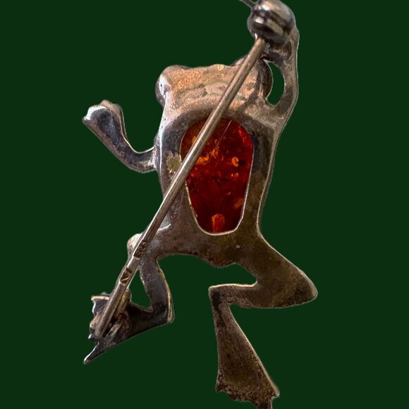 925 Vintage Silver and Amber Stone Frog Brooch - Picture 2 of 6